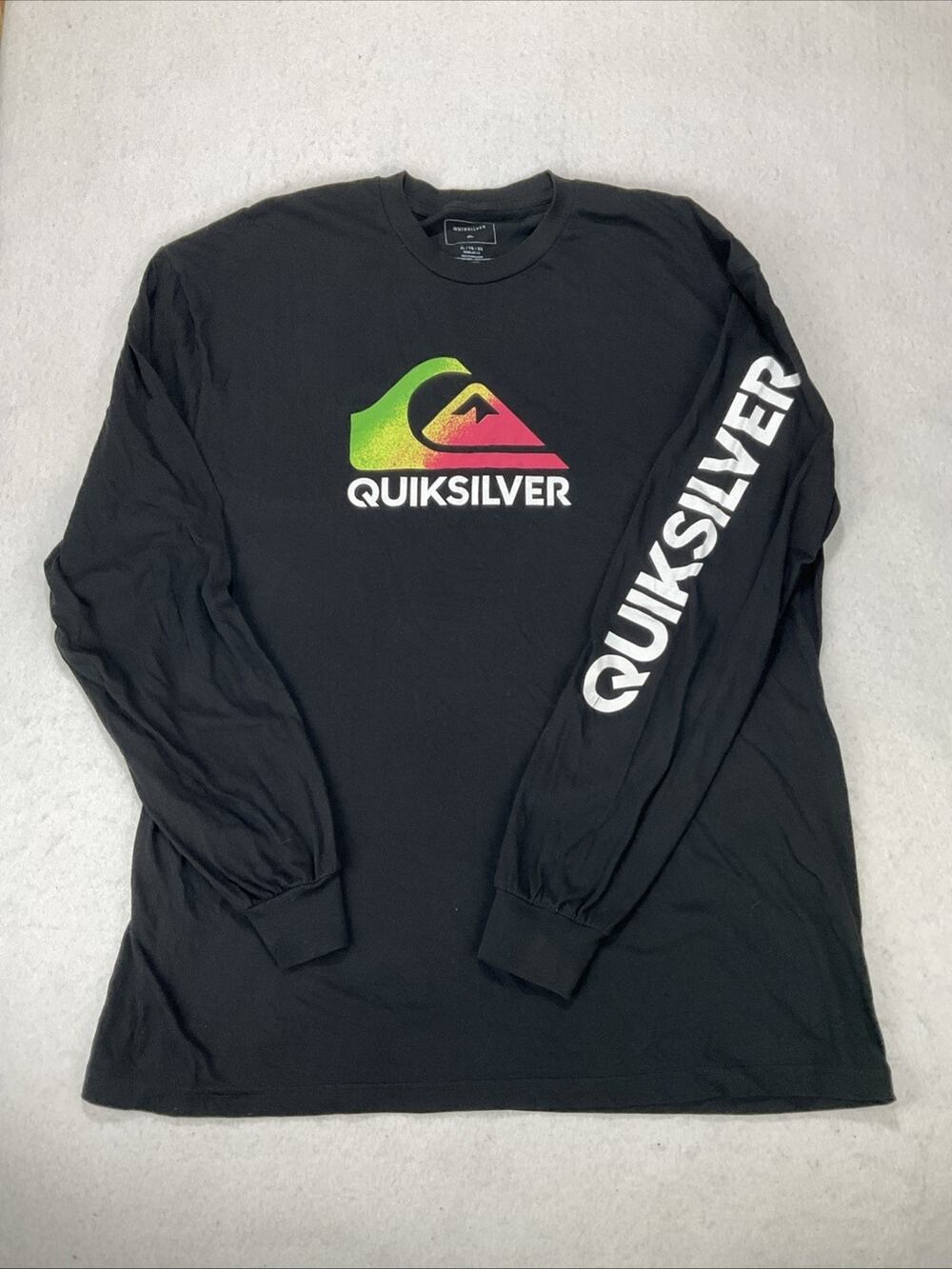 Quiksilver Mens Long Sleeve Black Tshirt Sz XL Logo Surf Skate Neon Lightweight